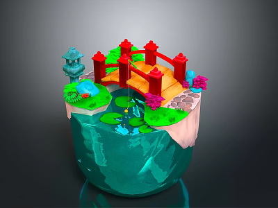 Miniature Landscape Scene With Red Bridge Pagoda Water Lily Pads And Flowers 3d model