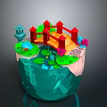 Miniature Landscape Scene With Red Bridge Pagoda Water Lily Pads And Flowers