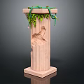 Light Colored Carved Column With Square Base And Top Green Vines Leaves
