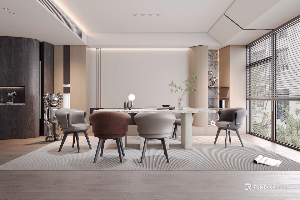 Modern Restaurant Interior Design With Dining Table Chairs And Large Windows 3d model