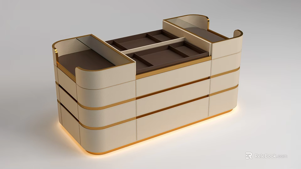 Stylish Modern Kitchen Island Cabinet Featuring Beige Finish And Gold Accents 3d model 