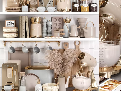 Elegant Modern Kitchenware With Mixers Cutting Boards Jars Mugs And Knives On Shelves 3d model