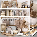 Elegant Modern Kitchenware With Mixers Cutting Boards Jars Mugs And Knives On Shelves