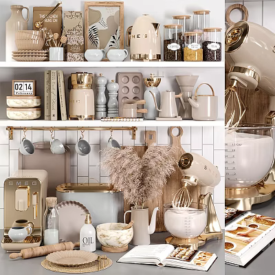 Elegant Modern Kitchenware With Mixers Cutting Boards Jars Mugs And Knives On Shelves 3d model
