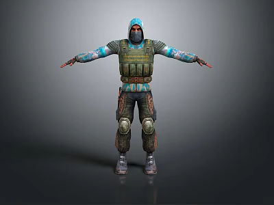 3D Tactical Character With Green Vest Blue Arm Guards Camouflage Pants Knee Pads Gray Background 3d model