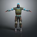 3D Tactical Character With Green Vest Blue Arm Guards Camouflage Pants Knee Pads Gray Background