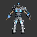 Blue and Silver Mechanical Warrior Character with Detailed Armor and Futuristic Design