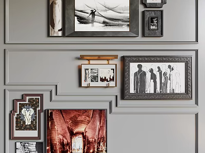 Gray Wall Decor With Diverse Framed Artworks 3d model