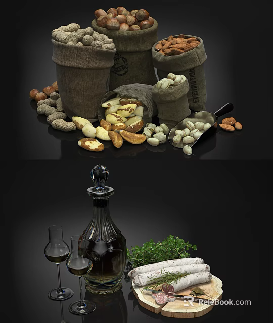 Assorted Mixed Nuts in Burlap Sacks with Scoop and Fresh Herbs in Glass Bottle 3d model 