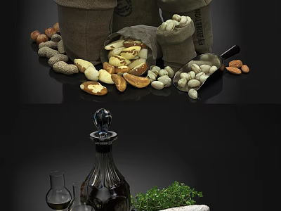 Assorted Mixed Nuts in Burlap Sacks with Scoop and Fresh Herbs in Glass Bottle 3d model