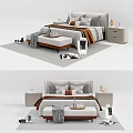 Modern Double Bed Interior With Decorative Pillows Blanket Nightstand And Bench 3d model