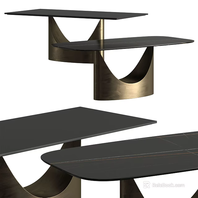 Modern Sleek Dining Table With Black Tabletop And Brass Curved Metal Base Design 3d model 
