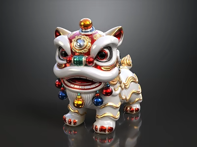 Vibrant Glazed Lion Statue With Colorful Gemstones And Decorative Bells 3d model