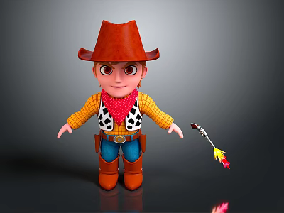 Cartoon Cowboy Character With Red Hat Yellow Plaid Shirt Blue Jeans And Rocket Launcher 3d model