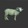 Green Sheep Statue With Blue Curved Horns White Face On Dark Reflective Surface