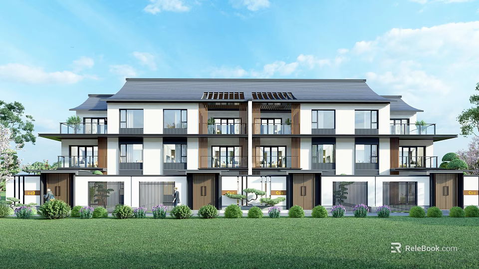 Elegant Modern Townhouse Exterior Design Featuring Balconies Windows Green Lawn And Blue Sky 3d model 