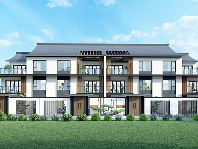 Elegant Modern Townhouse Exterior Design Featuring Balconies Windows Green Lawn And Blue Sky 3d model