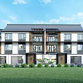 Elegant Modern Townhouse Exterior Design Featuring Balconies Windows Green Lawn And Blue Sky
