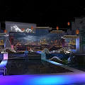 Traditional Chinese Themed Stage With Lanterns Curved Eaves Water Features And Night View Projection