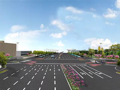 Wide Municipal Road With Clear Lane Markings Green Belts Street Lamps And Pink Flowers 3d model