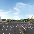 Wide Municipal Road With Clear Lane Markings Green Belts Street Lamps And Pink Flowers