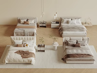 Stylish Double Bed Designs With Neutral Tones Bedside Tables Pendant Lights And Rugs 3d model