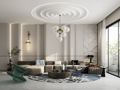 Modern Living Room Interior With Circular Ceiling Glass Ball Chandelier Beige Sofa And Round Rug 3d model