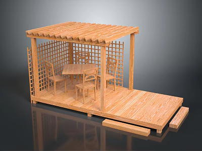 Wooden Outdoor Pergola With Lattice Sides Table Chairs And Wooden Platform 3d model