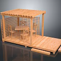 Wooden Outdoor Pergola With Lattice Sides Table Chairs And Wooden Platform