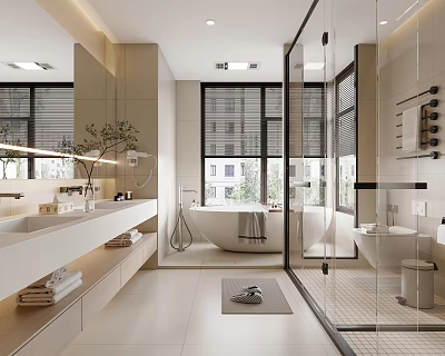 Modern Bathroom Interior With Freestanding Bathtub Glass Shower Enclosure Double Vanity And Large Mirror 3d model