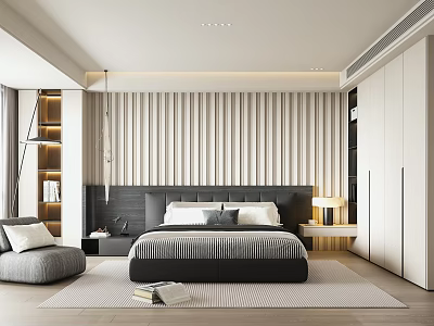 Modern Bedroom Interior With Stylish Bed Striped Accent Wall Bedside Lamp And White Wardrobe 3d model