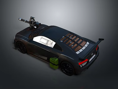 Black Sports Car With Roof Mounted Equipment Green Rear Container Spoiler And Grille Window Design 3d model