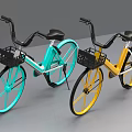 Blue and Yellow Bicycles With Black Handlebars Seats and Front Baskets 3d model
