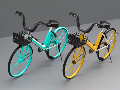 Blue and Yellow Bicycles With Black Handlebars Seats and Front Baskets 3d model