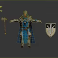 Blue Armored Warrior With Crown Cloak Hammer And Shield Design 3d model