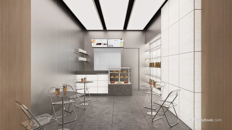 Modern Bubble Tea Shop Interior With Tables Chairs Counter Display Shelves And Menu Screen 3d model 