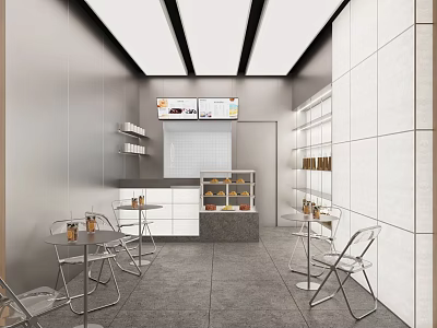 Modern Bubble Tea Shop Interior With Tables Chairs Counter Display Shelves And Menu Screen 3d model