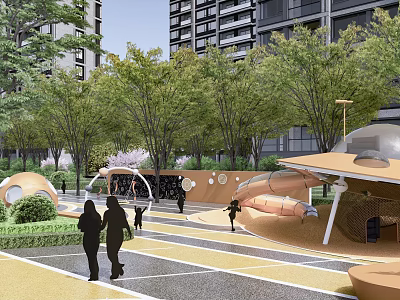 Children's Play Area With Dome Structures Slides Trees Paved Ground And Modern Buildings 3d model