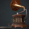 Vintage Gramophone with Brass Horn and Vinyl Records on Wooden Base