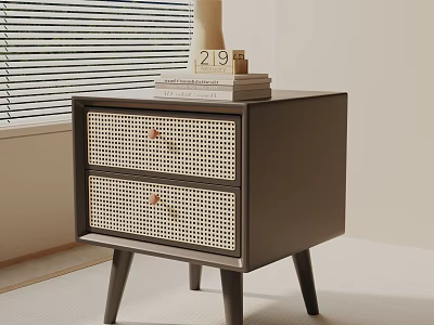 Modern Dark Bedside Table with Rattan Drawers Wooden Knobs Books and Calendar on Top 3d model