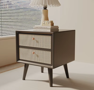 Modern Dark Bedside Table with Rattan Drawers Wooden Knobs Books and Calendar on Top 3d model