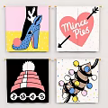 Colorful Artistic Wall Decor Flags Featuring High Heel Heart KWAS Hat And Abstract Patterns