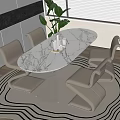Oval Marble Dining Table With Four Light Colored Chairs And Circular Striped Rug 3d model