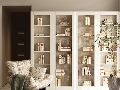 Modern White Bookshelf With Multiple Shelves And Books In Living Room With Armchair And Plant 3d model