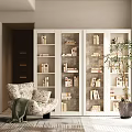Modern White Bookshelf With Multiple Shelves And Books In Living Room With Armchair And Plant