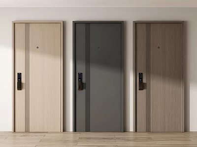 Modern Security Doors In Three Different Colors With Wooden Texture And Interior Lock Design 3d model