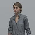 Game Movie Character Female Standing In Gray Shirt Dark Pants And Boots With Shadow