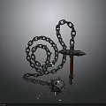 Medieval Spiked Chain Weapon with Metallic Links Spiked Ball and Red Handle Spear Head