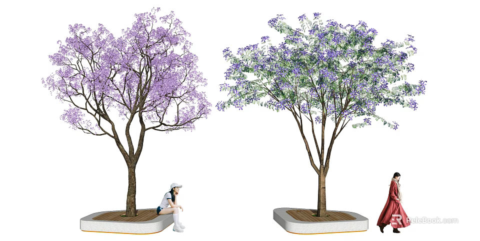 Ornamental Purple Flowering Trees Planted in Square Planters with Seated White and Standing Red Persons 3d model 