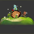 Cartoon Frog Sitting On Green Grassy Hill With Small Stream Glowing Lights And Colorful Mushrooms